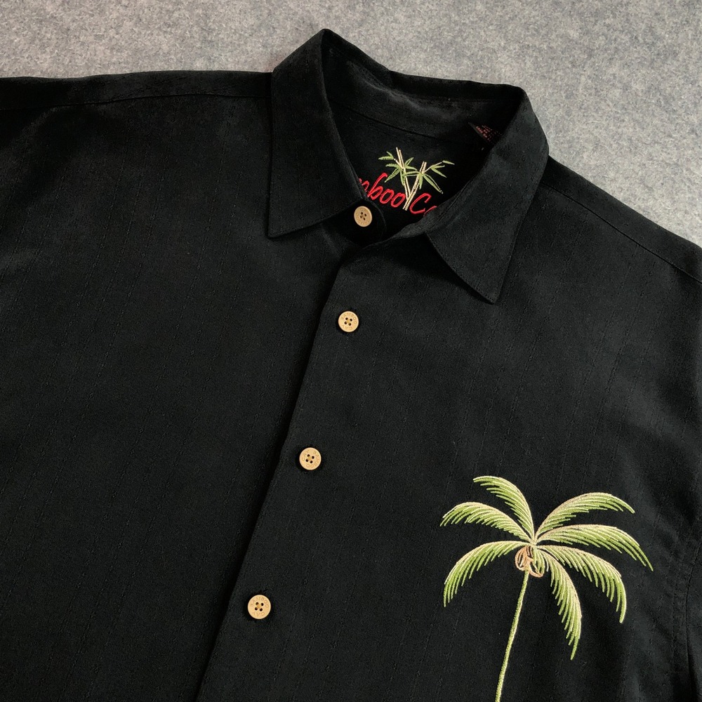 Bamboo Cay Mens Button Up Shirt M Black Embroidered Palm Tree Modal Blend Beach